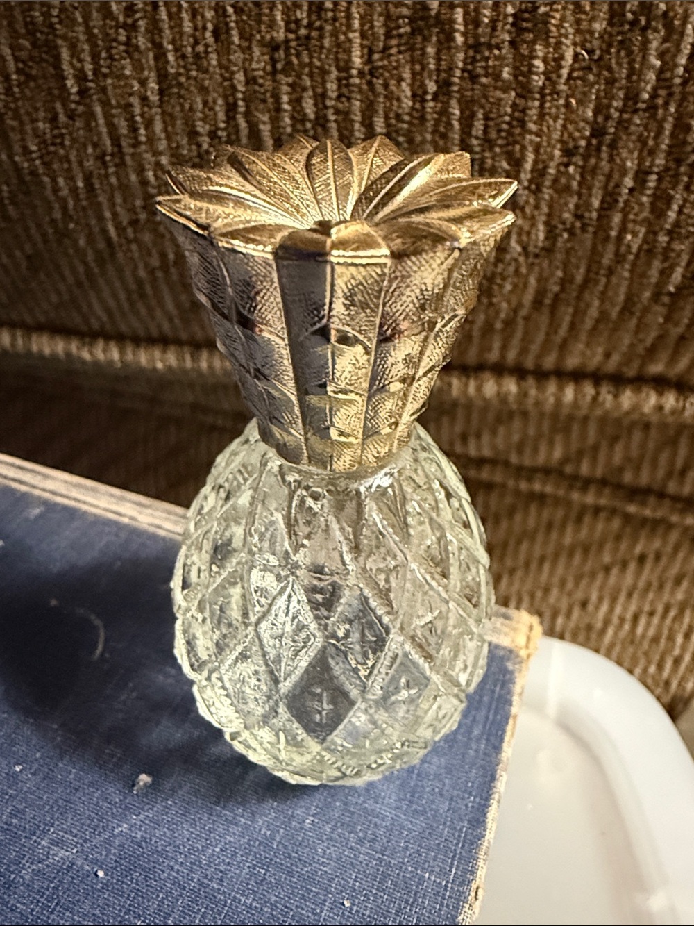 Vintage AVON 7 Pineapple Glass Diffuser Bottle with Gold Top -